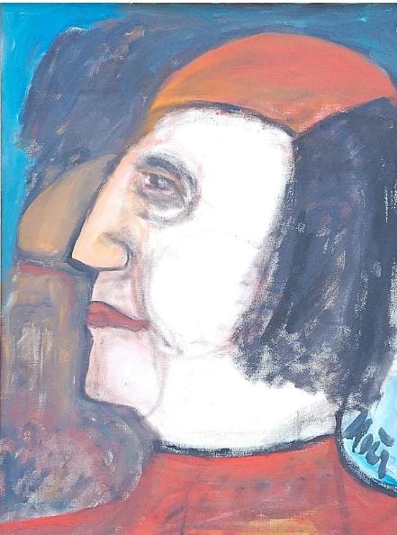 Portrait painting by Frank Koci — figure in profile with red hat against blue background