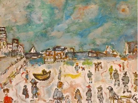 Impressionistic coastal village scene with figures and boats by Frank Koci