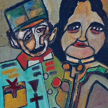 Expressionist painting by Frank Koci featuring two stylized figures in bold colors