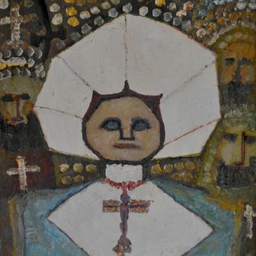 Stylized folk art portrait by Frank Koci of a religious figure with ornate background
