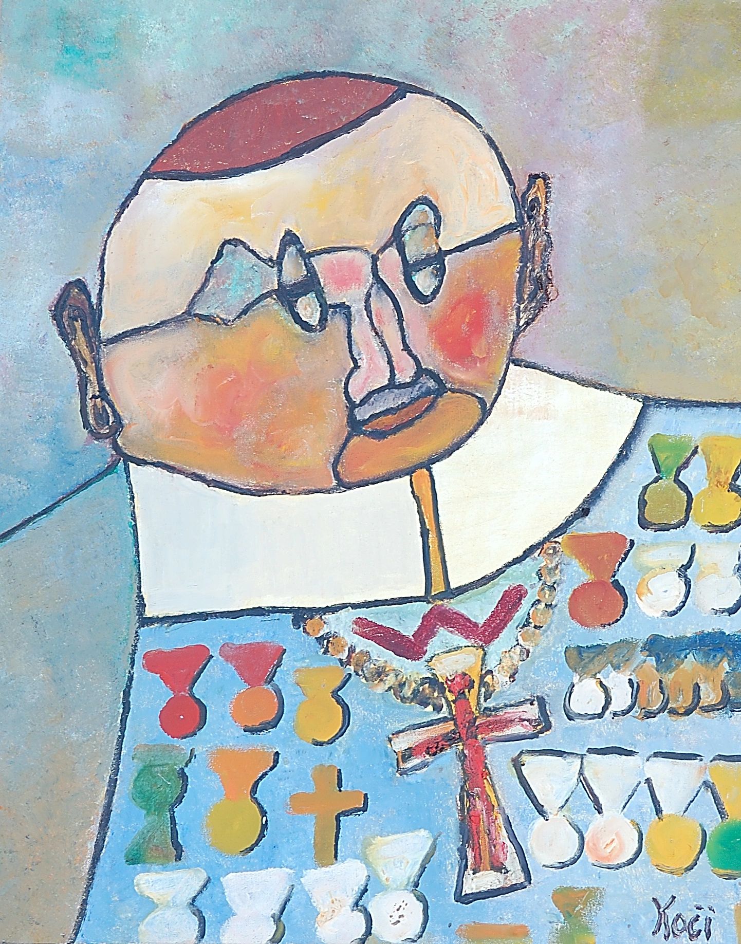 Abstract painting of a person with medals and a large cross
