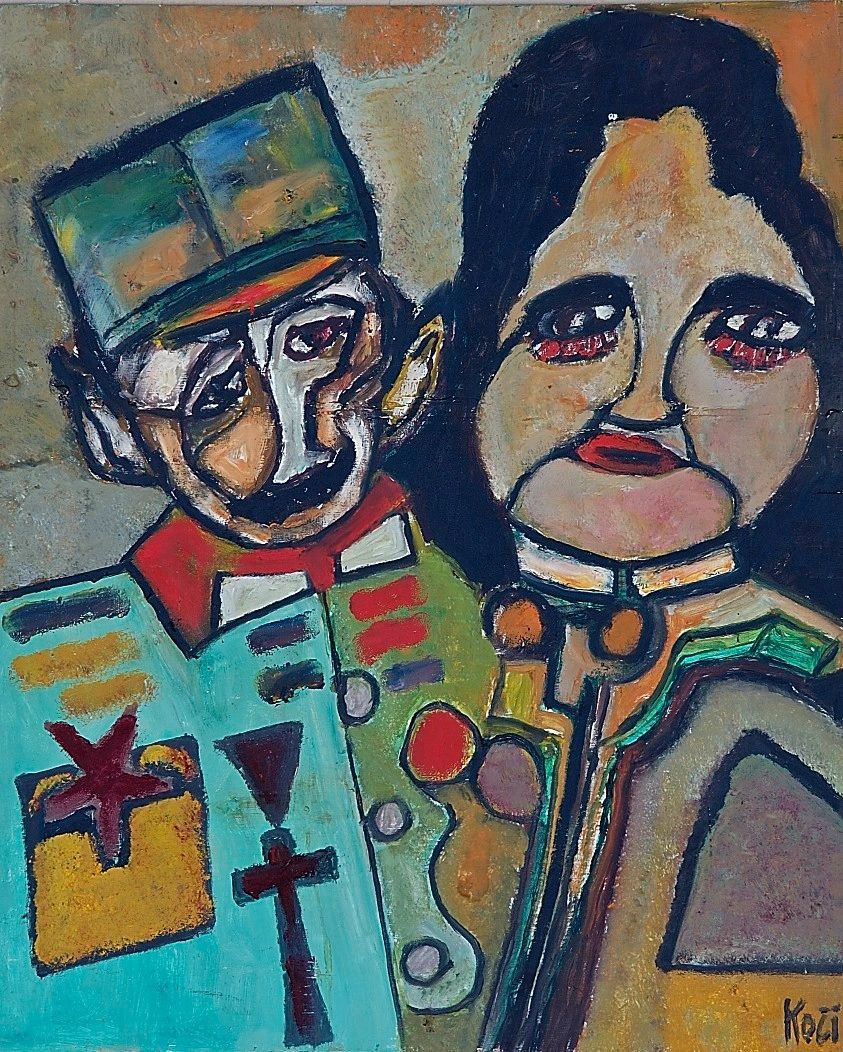 Abstract painting of two figures in military attire