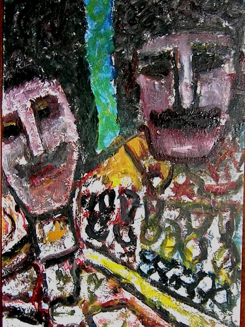 Abstract painting of two faces with vivid colors and textured strokes