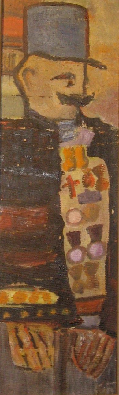 Abstract painting of a man in a blue hat with a mustache